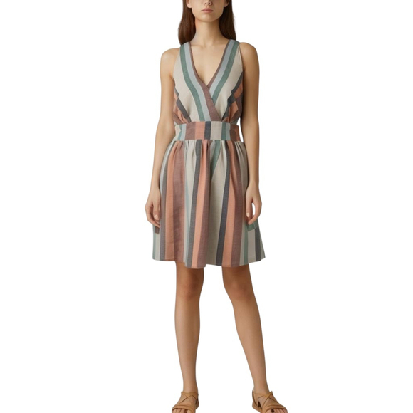 American Eagle Mini Dress Large Linen Blend Striped Smocked Back Coquette Summer - Picture 1 of 11